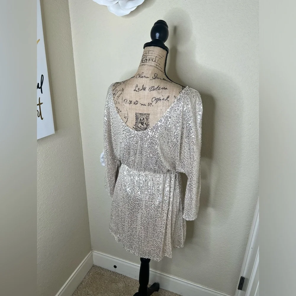 NTM: Silver Sequin Mini Dress Surplice V-Neck Long Sleeve Cocktail Holiday Glam - Picture 15 of 16